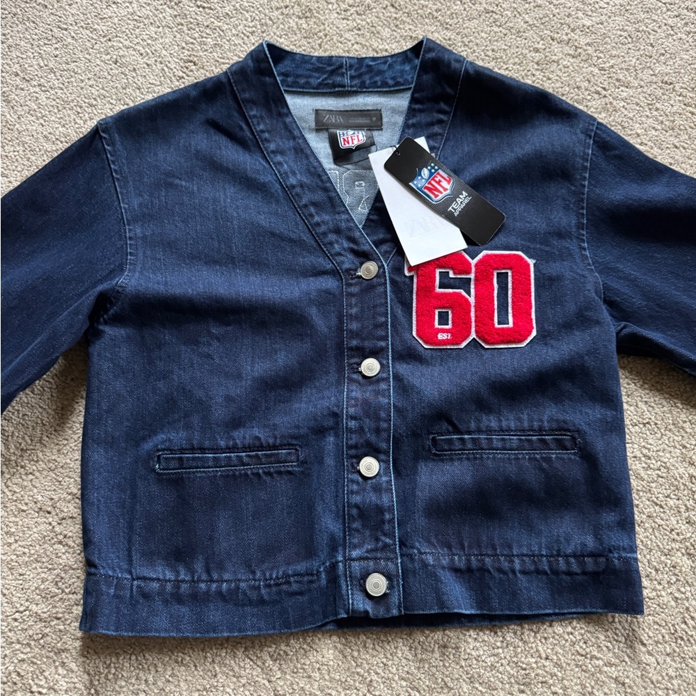 Zara patriots nfl Navy Denim Jacket with Red '60' Patch